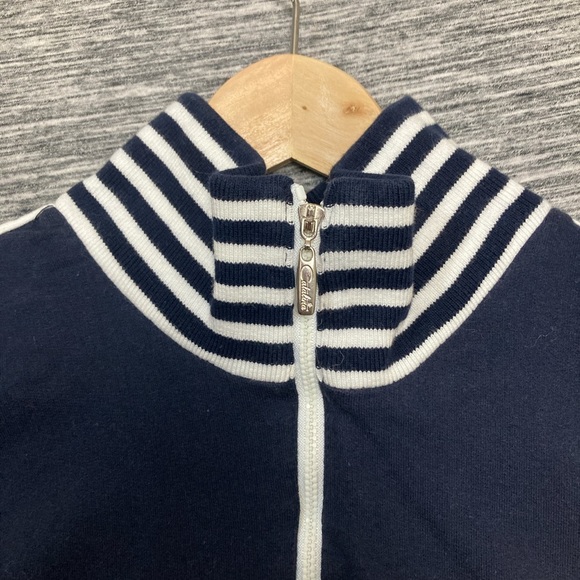 Catalina Men’s NavyBlue Sweater with 1/4 Zip with White stripes MockNeck Sleeves - Picture 2 of 4